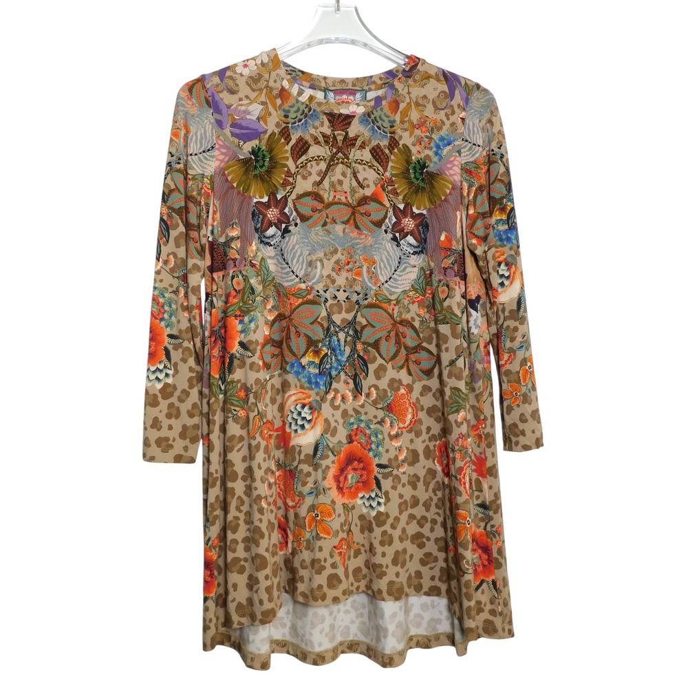 Johnny Was Astrid Swing Tunic Women Small Tan Leopard Floral Mixed Print Top